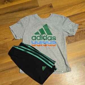 Adidas Gray Tee and Black Shorts with Green Stripes